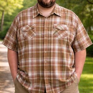 Evolution Men's Plaid Short Sleeve Button-Up Shirt 5XL Big & Tall Brown